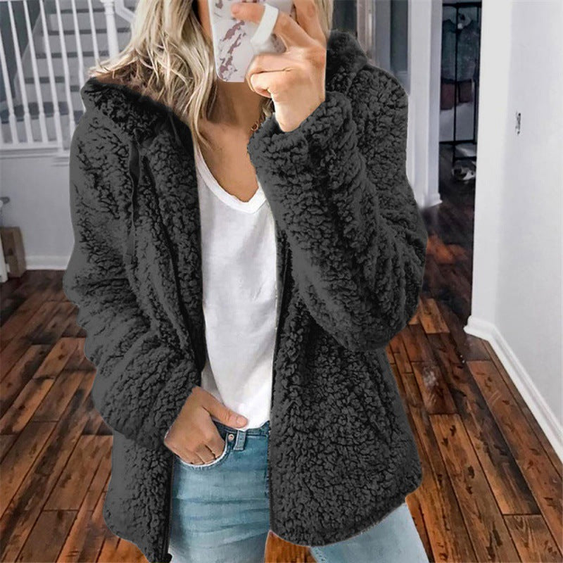 Women's fleece teddy jacket with hood, oversized cut and zipper Mune Fashion