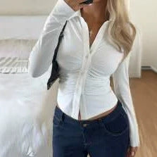 Women Tailored Buttonable Ruffle Top with V-Neck and Figure-Shaping Gather Mune Fashion