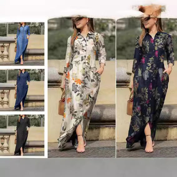 Women's maxi dress shirt dress with button placket and side pockets Drune