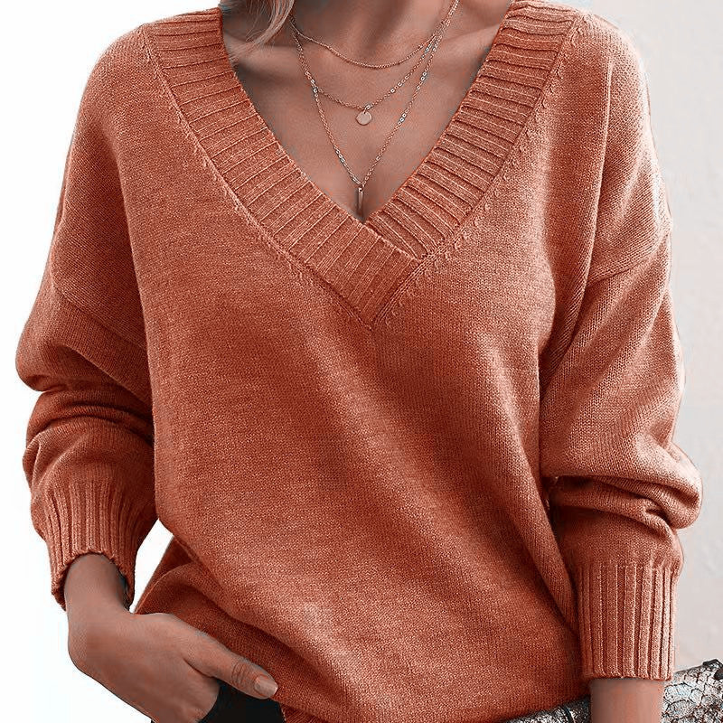 Women's Oversized V-Neck Knit Sweater with Ribbed Cuffs Mune Fashion