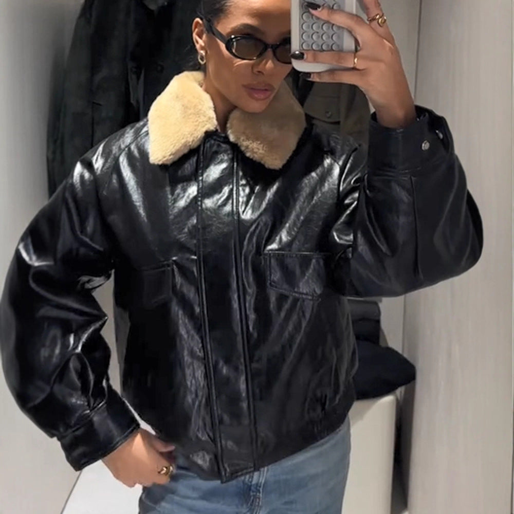 Women's Shiny Oversized Faux Leather Bomber Jacket with Voluminous Faux Fur Collar Mune Fashion