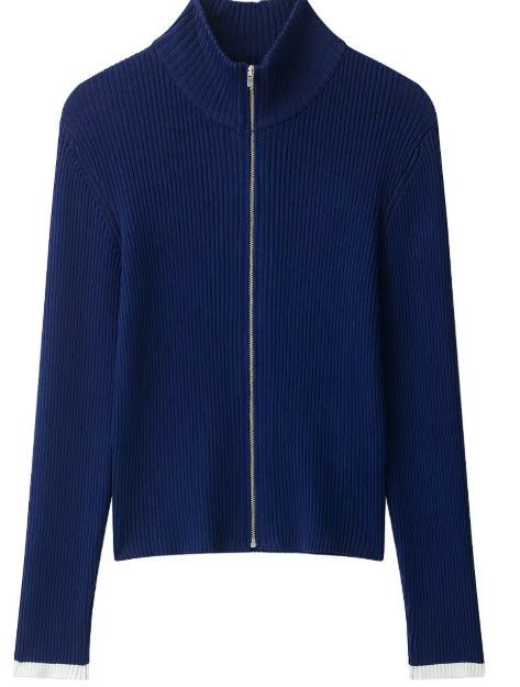 Women Ribbed Zip Cardigan with Stand-Up Collar and Fine Structure Mune Fashion