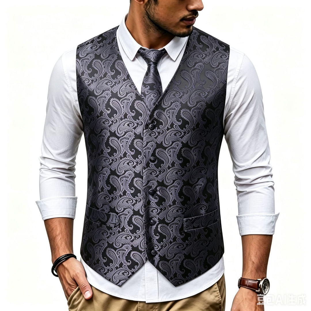 Men's Satin Jacquard Vest with Paisley Pattern and Matching Tie Mune Fashion