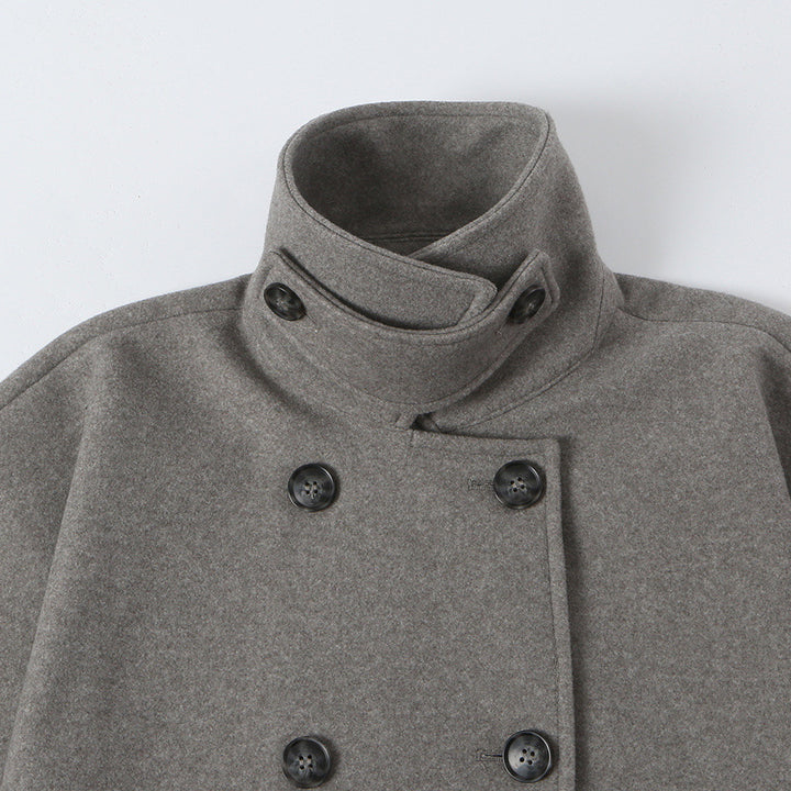 Women's Wool Look Cape with Double-Breasted Button Placket, High Stand Collar and Boxy Silhouette Mune Fashion