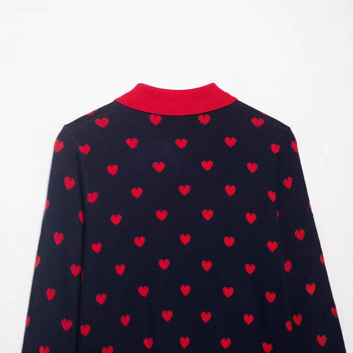 Women's Short Cardigan-Style Knitted Jacket with Heart Jacquard and Lapel Collar Mune Fashion