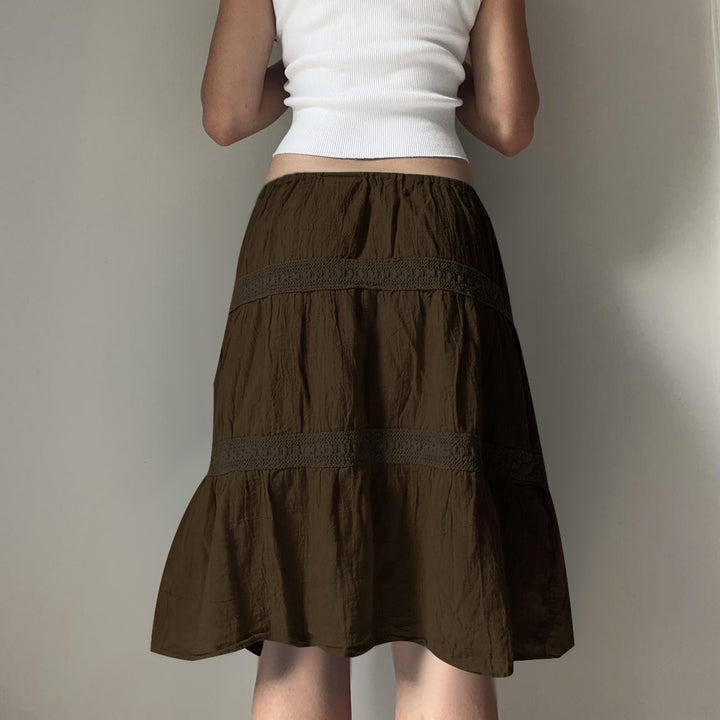 Women’s tiered boho midi skirt with elastic drawstring waistband and crochet band details Mune Fashion
