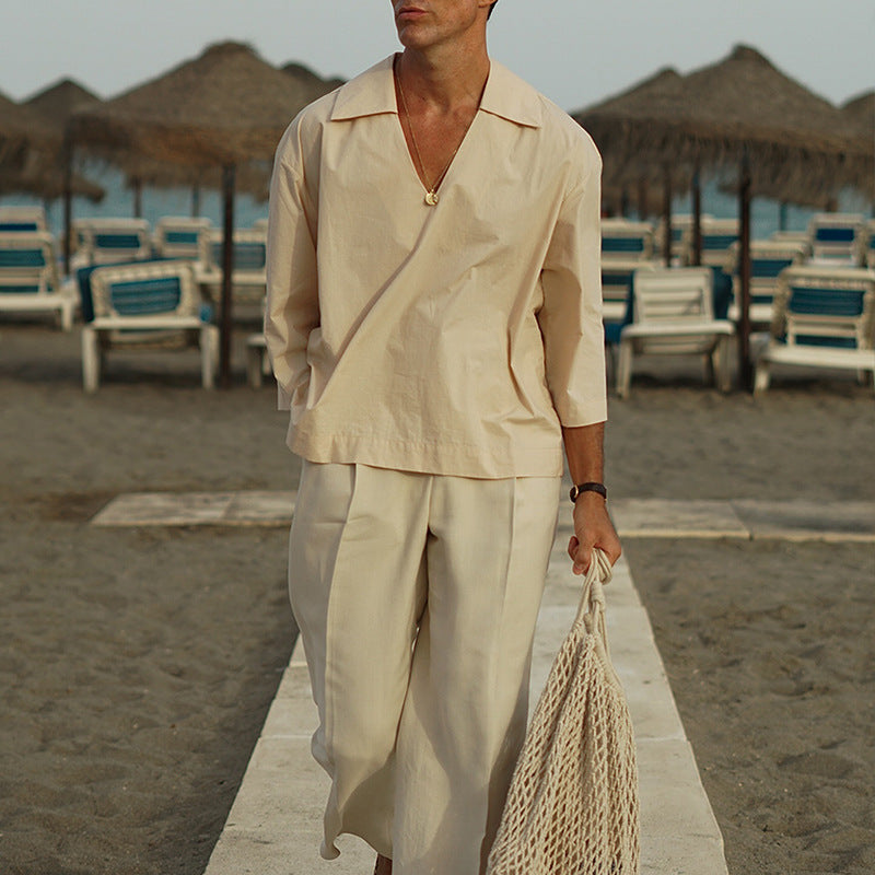 Men's Oversized Shirt with Deep V-Neck and Linen-Cotton Mix Mune Fashion