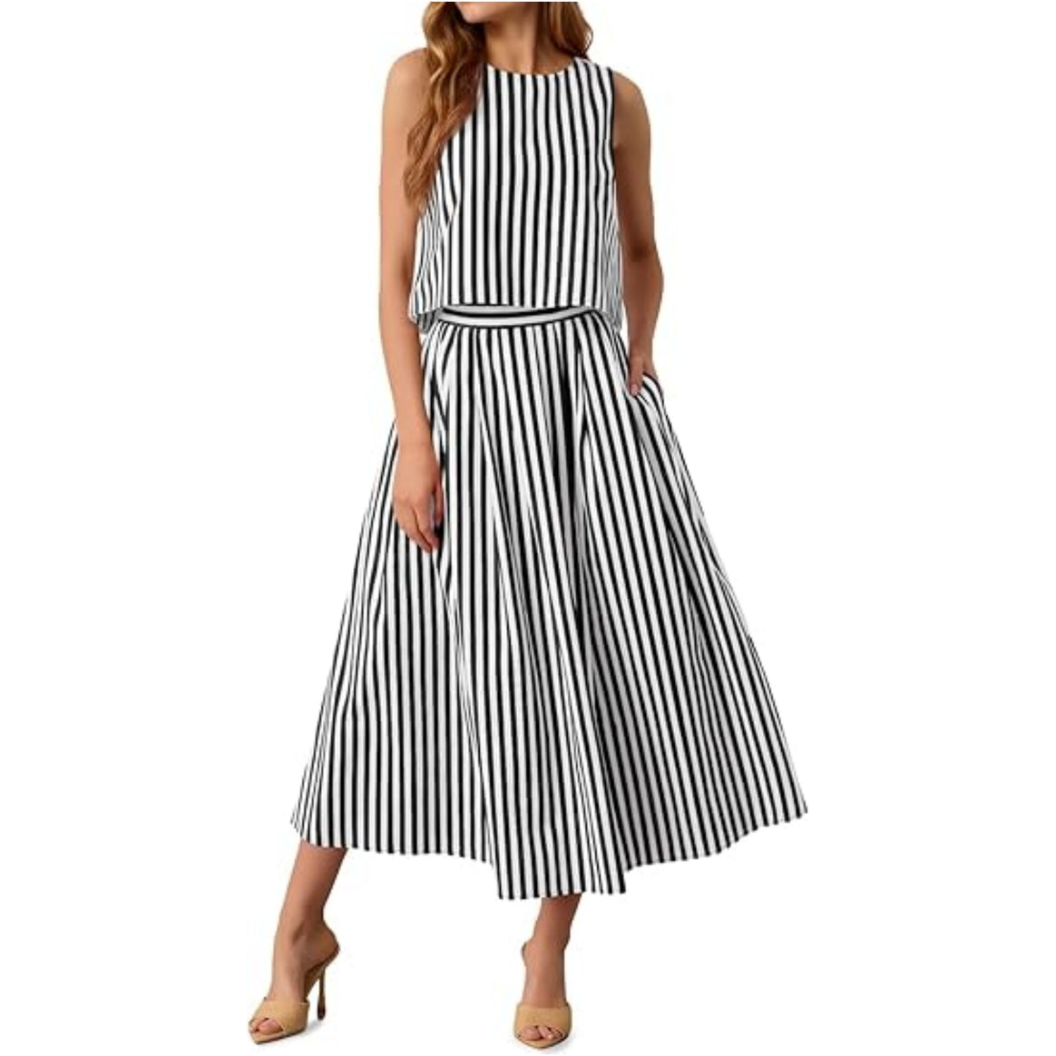 Women's Sleeveless Midi Dress with High Waist and Flared Pleated Skirt Mune Fashion