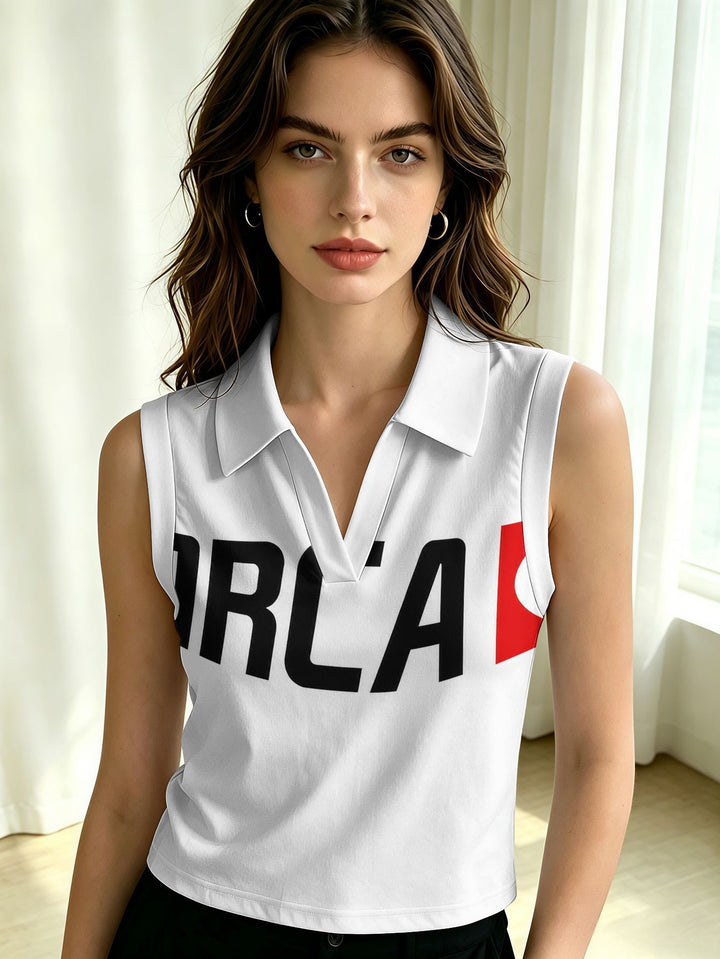 Women's sleeveless polo shirt crop top with V-neck, classic collar, and patriotic print Mune Fashion