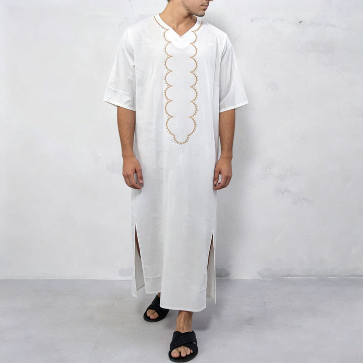 Men's striped Djellaba with decorative chest embroidery and side slit Mune Fashion