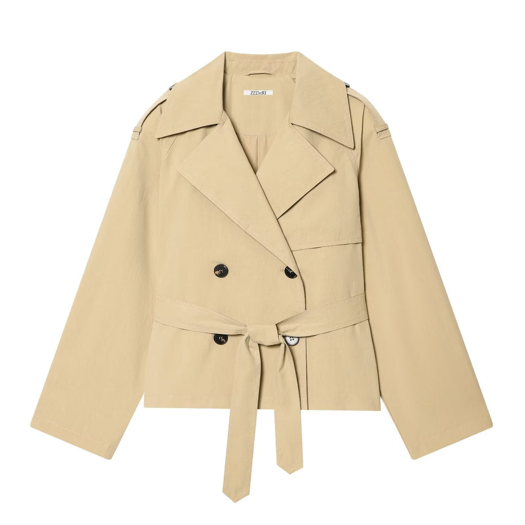 Women's short-cut trench coat with belted waist and double-breasted Mune Fashion