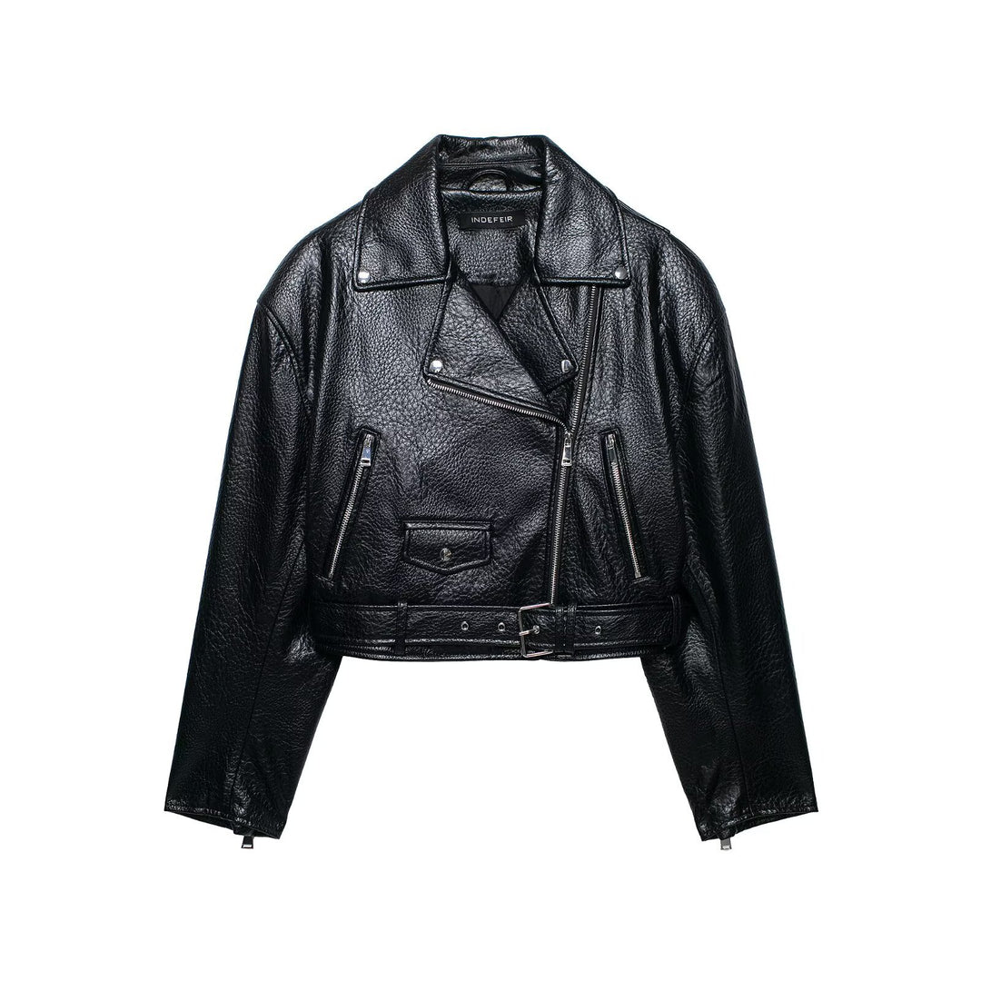 Women's short-cut biker leather jacket with fitted belt, asymmetrical zipper, and textured leather Mune Fashion