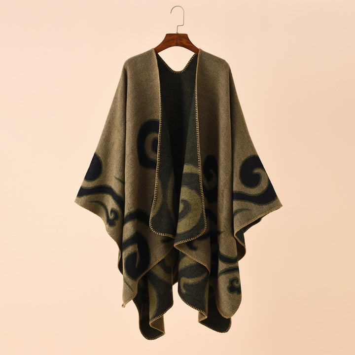 Women's Wool Blend Cape Poncho in Ruana Cut with Ornamental Intarsia Structure Mune Fashion