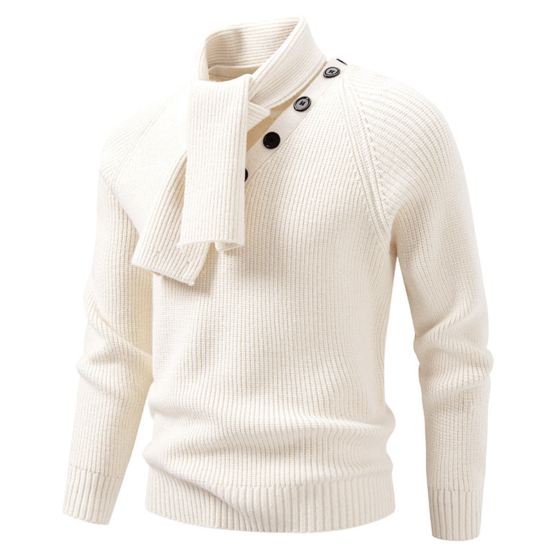Men's knitted sweater with integrated funnel collar scarf and button detail Mune Fashion