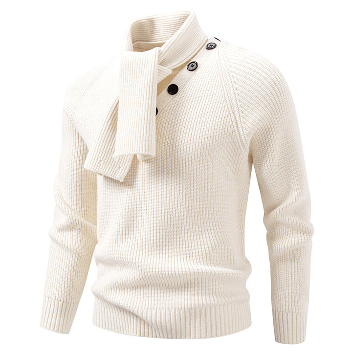 Men's knitted sweater with integrated funnel collar scarf and button detail Mune Fashion