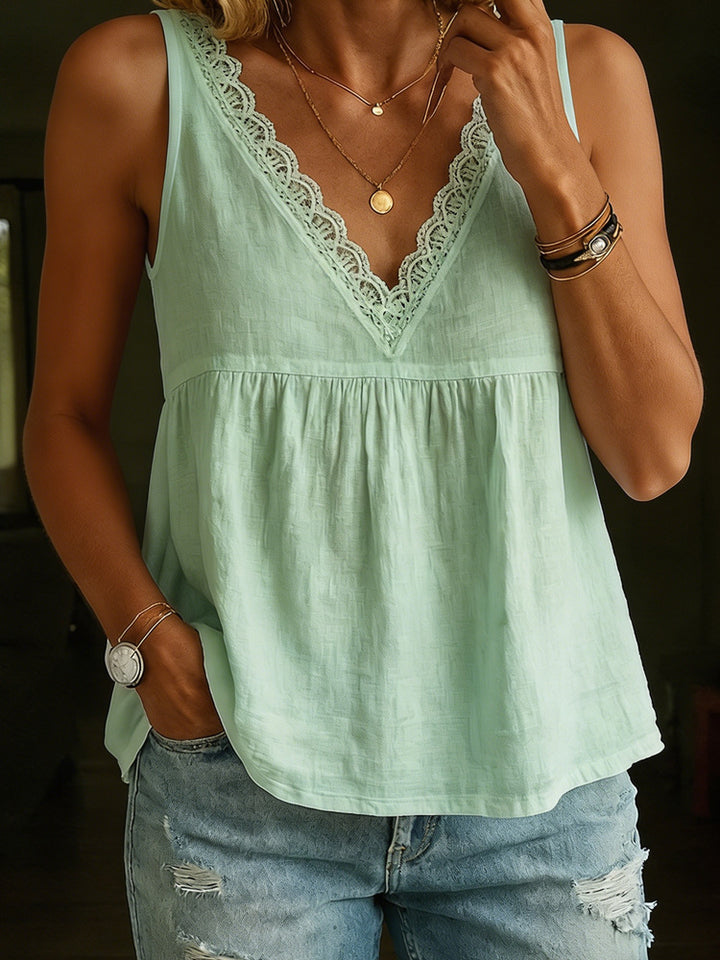 Women's airy V-neck blouse shirt with lace accents Mune Fashion