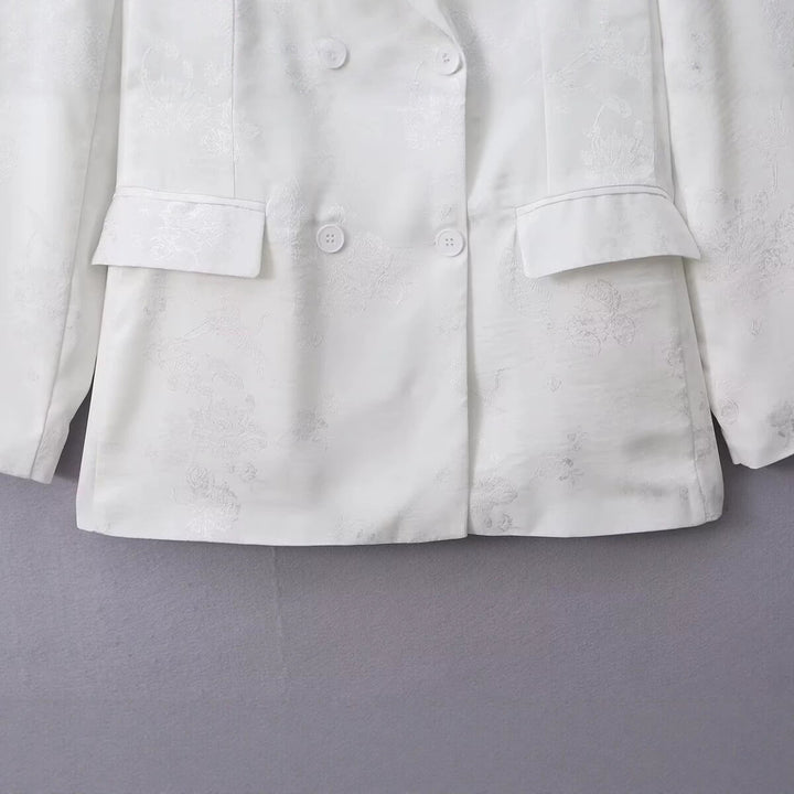 Women Double-breasted Blazer with Floral Jacquard and Shawl Collar Drune