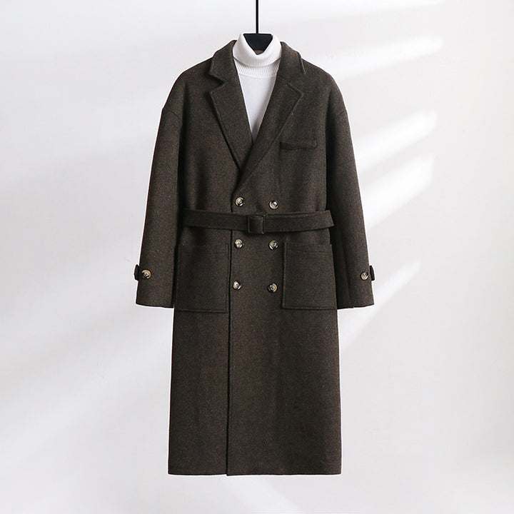 Men's Double-Breasted Wool Blend Long Coat with Notched Lapels and Flap Pockets Mune Fashion