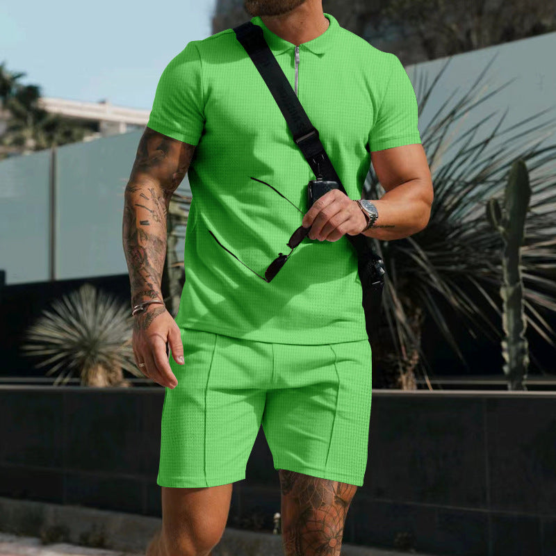 Men's casual polo shirt and chino shorts set with half zipper, textured jersey and subtle crease Mune Fashion