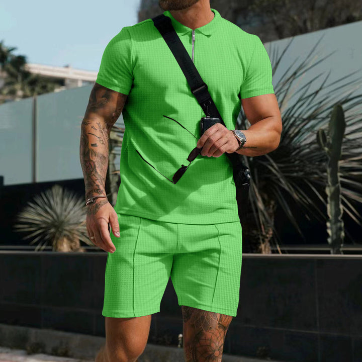 Men's casual polo shirt and chino shorts set with half zipper, textured jersey and subtle crease Mune Fashion