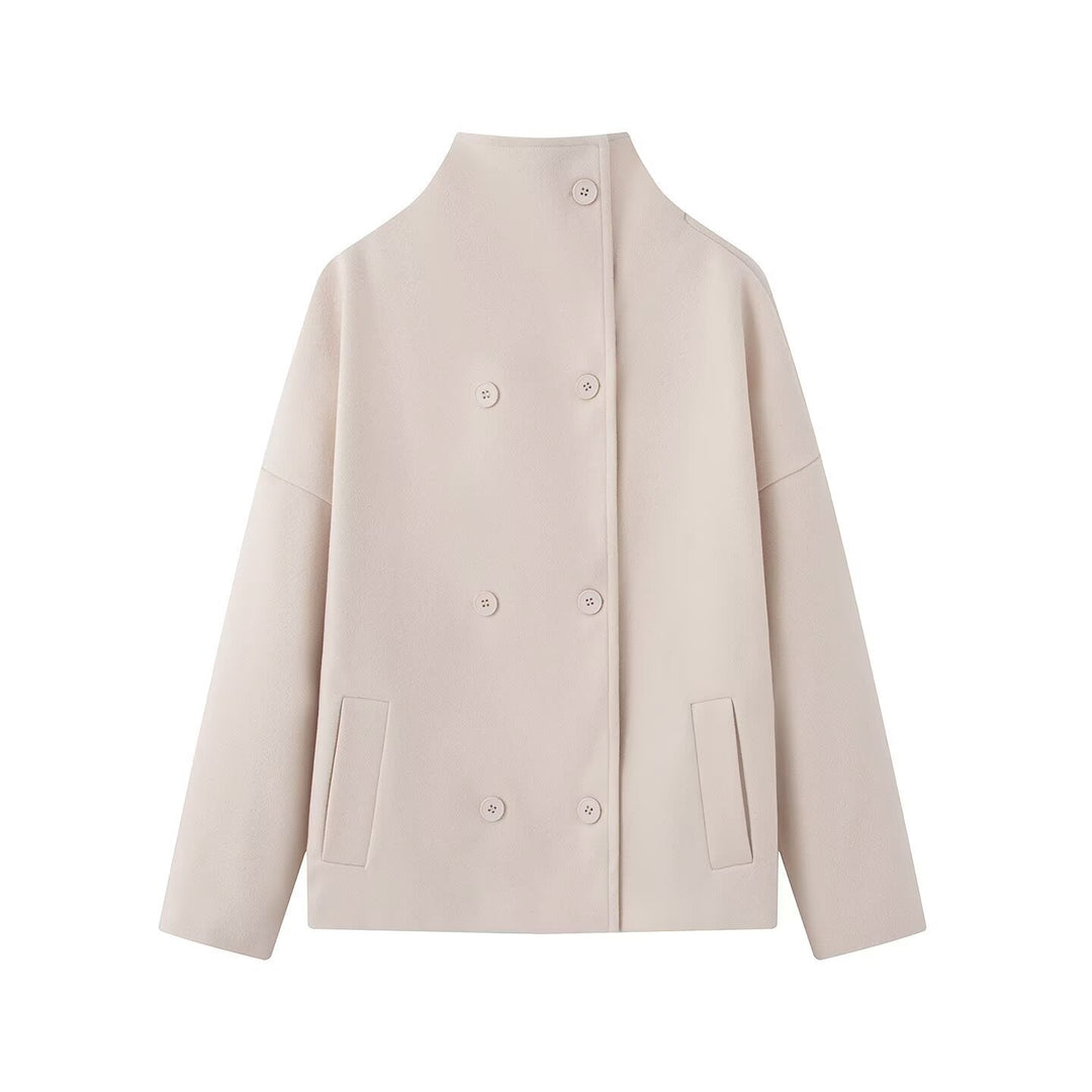 Ladies short coat made of wool blend with stand-up collar, dropped shoulder and double-breasted button placket Mune Fashion