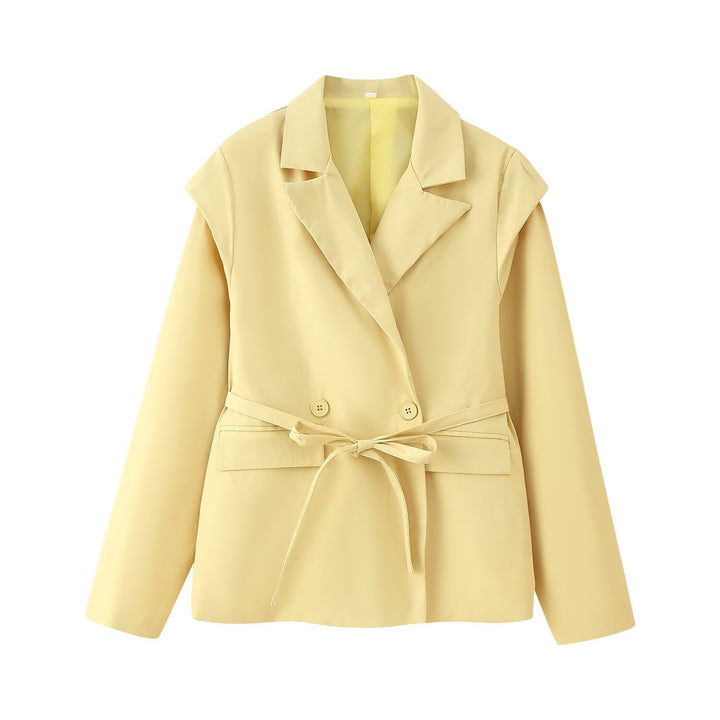 Women Tailored Belted Blazer with Double Button Placket and Notched Lapel Mune Fashion