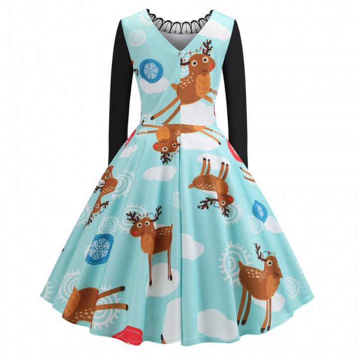 Women Festive Retro Swing Dress with Long Sleeve A-Line Cut and Reindeer Print Mune Fashion