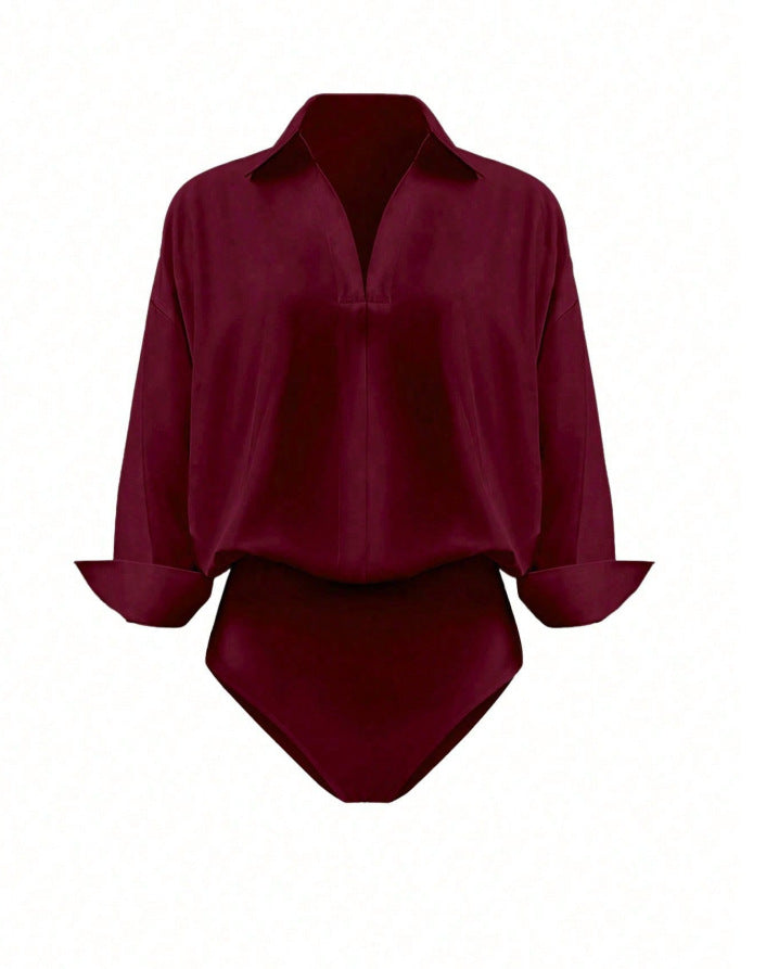 Women Elegant Shirt Blouse Bodysuit with V-Neck, Oversized Cut and Cuff Flaps Mune Fashion