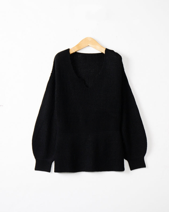 Women's Loose Fine Knit Sweater with V Notch Neckline, Fitted Ribbed Hem and Balloon Sleeves Mune Fashion