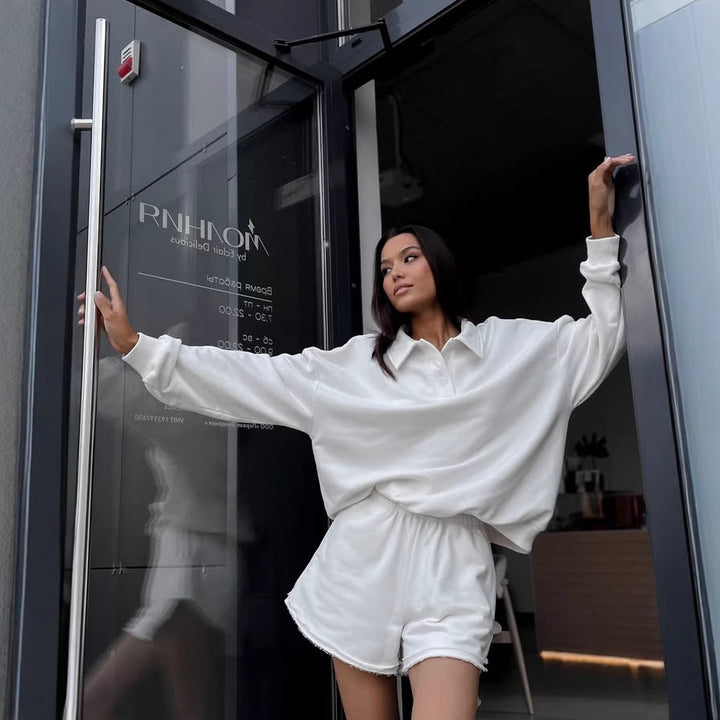 Women Polo Sweatshirt and frayed High-Waist Lounge Shorts Set Mune Fashion