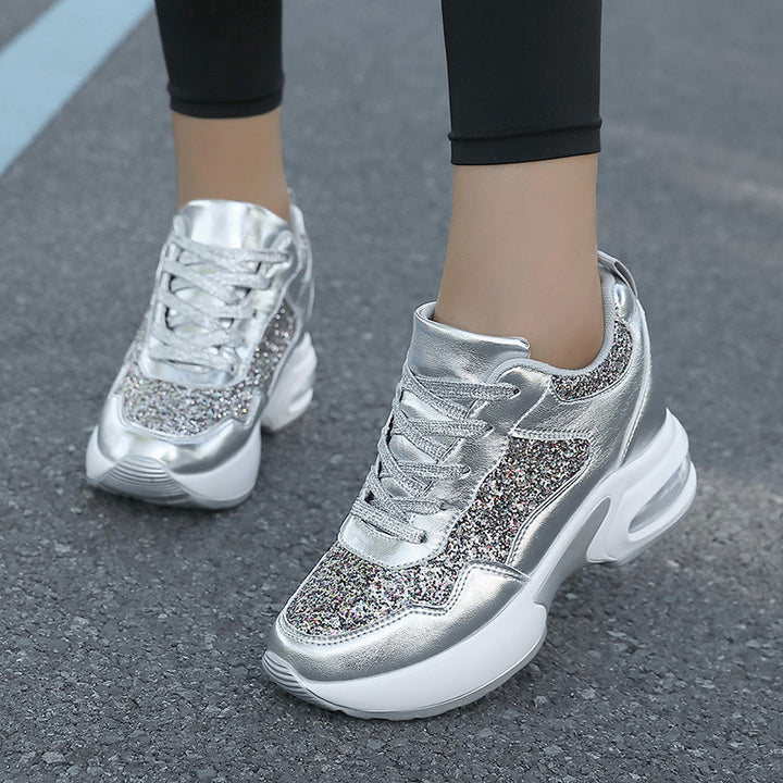 Ladies' fashionable platform sneakers with glitter accents and visible air cushioning Mune Fashion