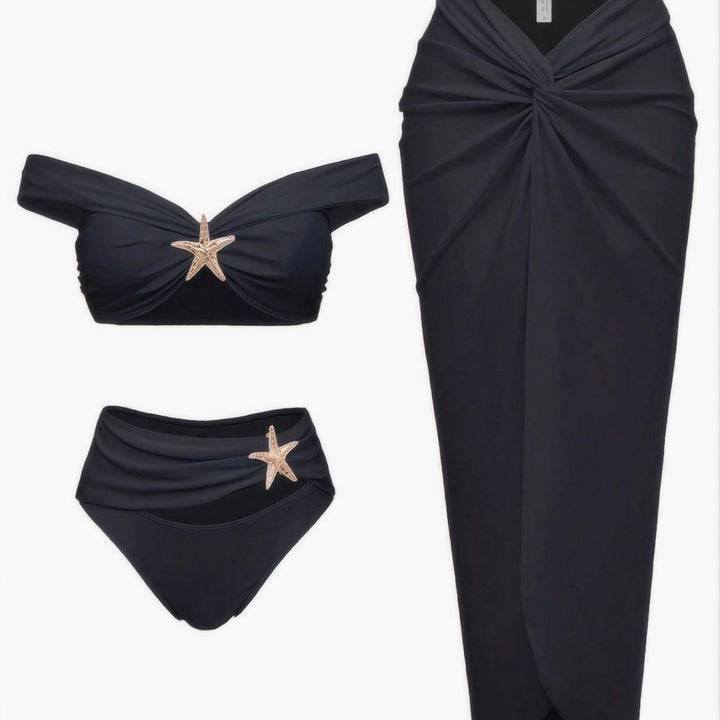 Women's bikini set with elegant wrap skirt look and stylish star appliqué Mune Fashion