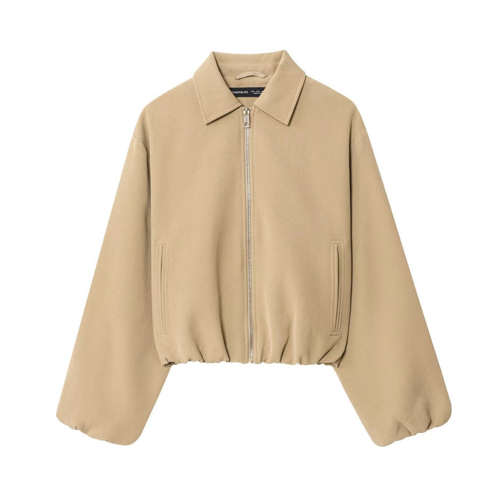 Women short jacket made of vegan leather with Kent collar, full-length zipper and gathered hem Mune Fashion
