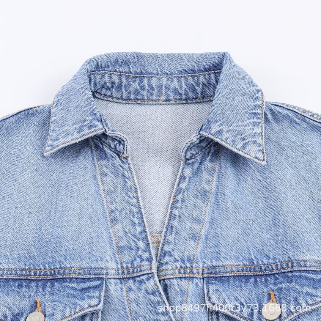 Women's Tailored Denim Dress with Tie Belt, Shirt Blouse Collar and Flap Pockets Mune Fashion