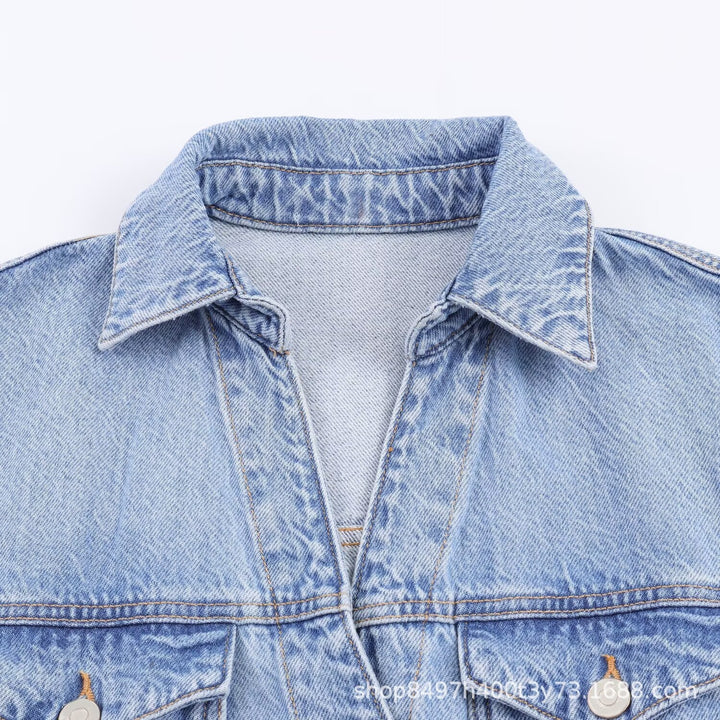 Women's Tailored Denim Dress with Tie Belt, Shirt Blouse Collar and Flap Pockets Mune Fashion