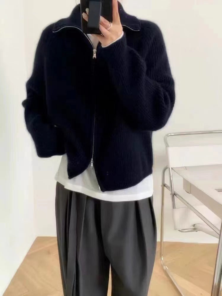 Women's Oversized Cardigan with Zipper, Stand-up Collar and Ribbed Structure Mune Fashion