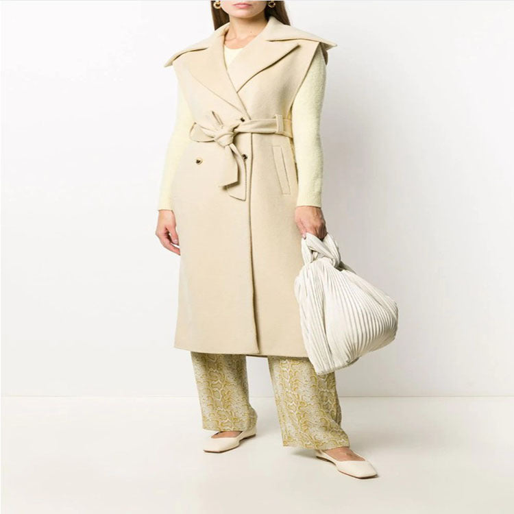 Women's sleeveless tailored wool blend gilet with wide shawl collar and belted tie Mune Fashion