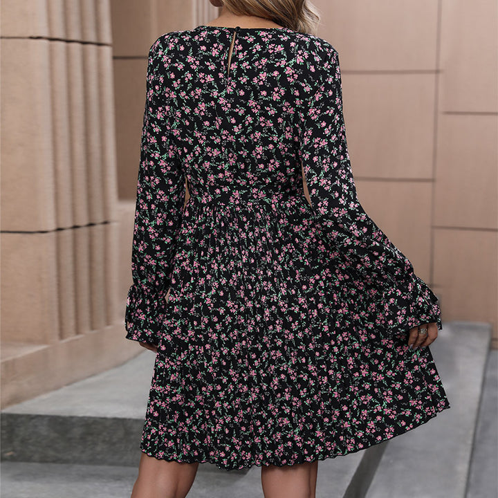 Ladies mid dress with pleated skirt, drawstring waist and ruffled cuffs Mune Fashion