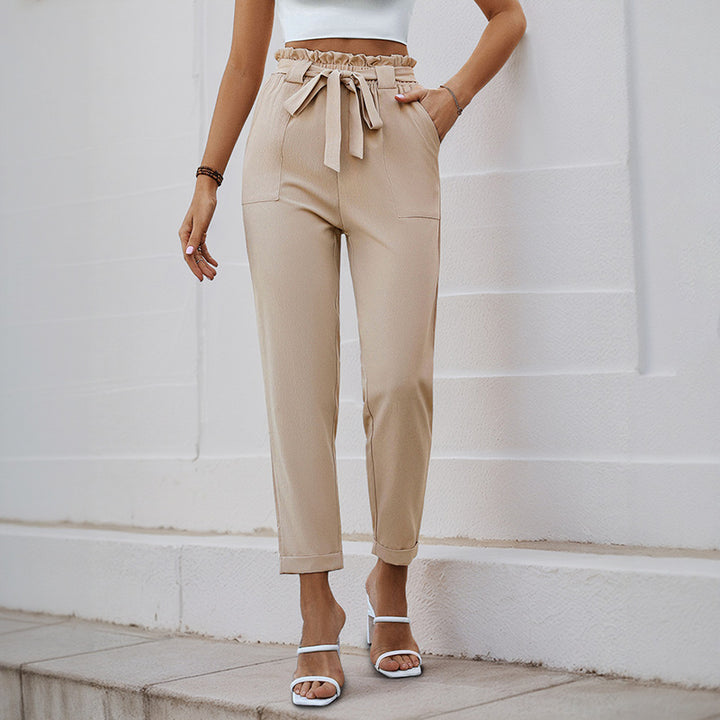 Women's Lightweight Paperbag Pants with Elastic Waistband, Tied Belt and Patch Pockets Mune Fashion