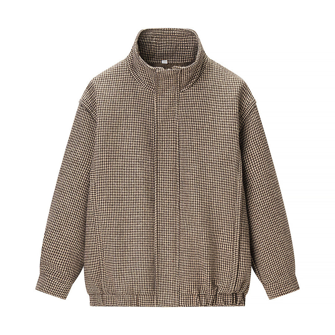 Women's transitional jacket in houndstooth pattern with stand-up collar and elastic hem