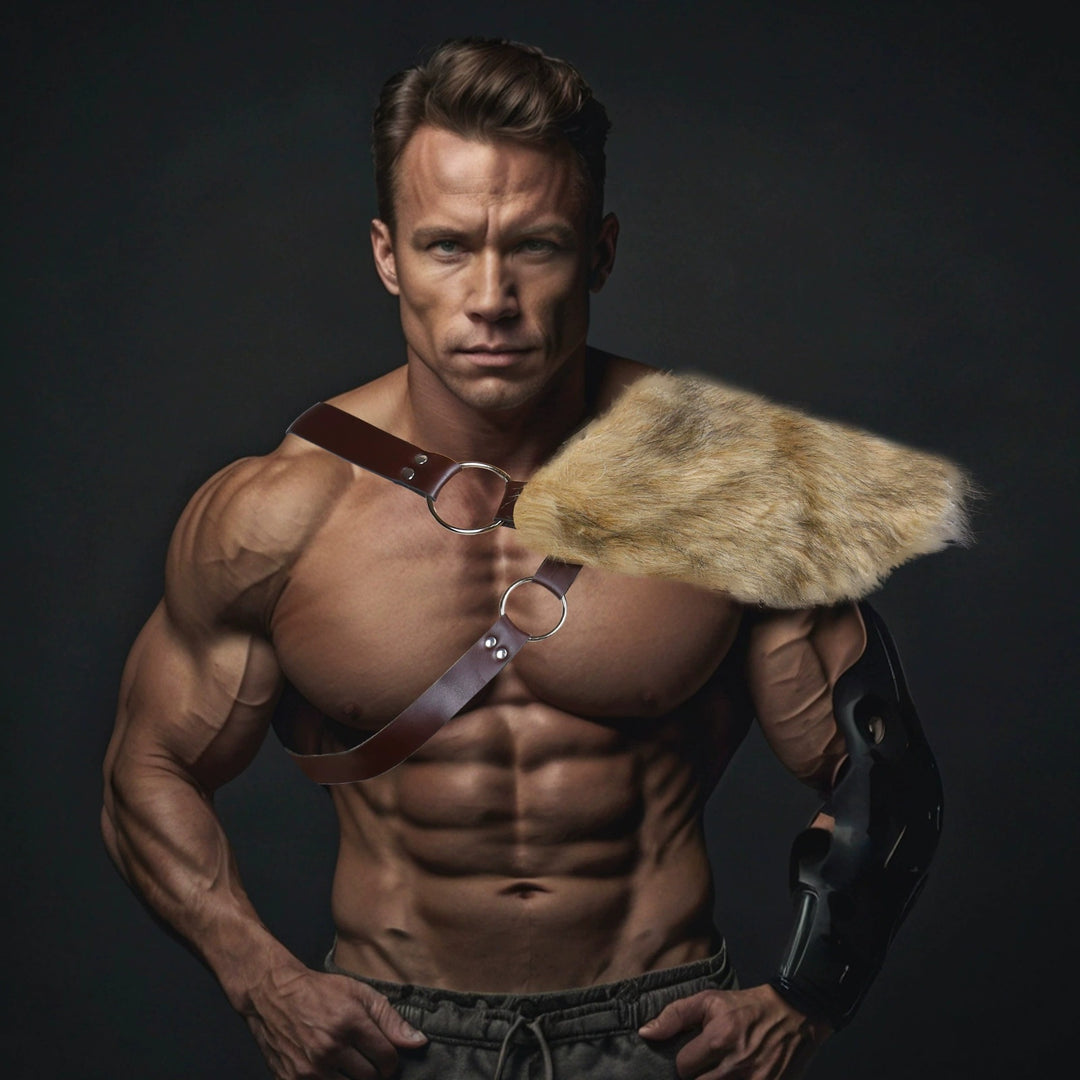 Men's decorative leather chest harness with removable faux fur shoulder pads Mune Fashion