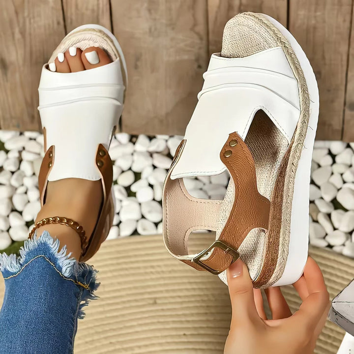 Women's wedge sandals with jute-wrapped espadrille platform, adjustable heel strap, and padded comfort footbed Mune Fashion