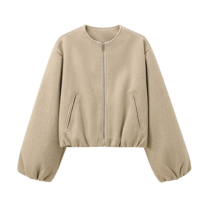 Women's Short Wool Blend Bomber with Round Neck, Zipper and Elastic Hem Mune Fashion