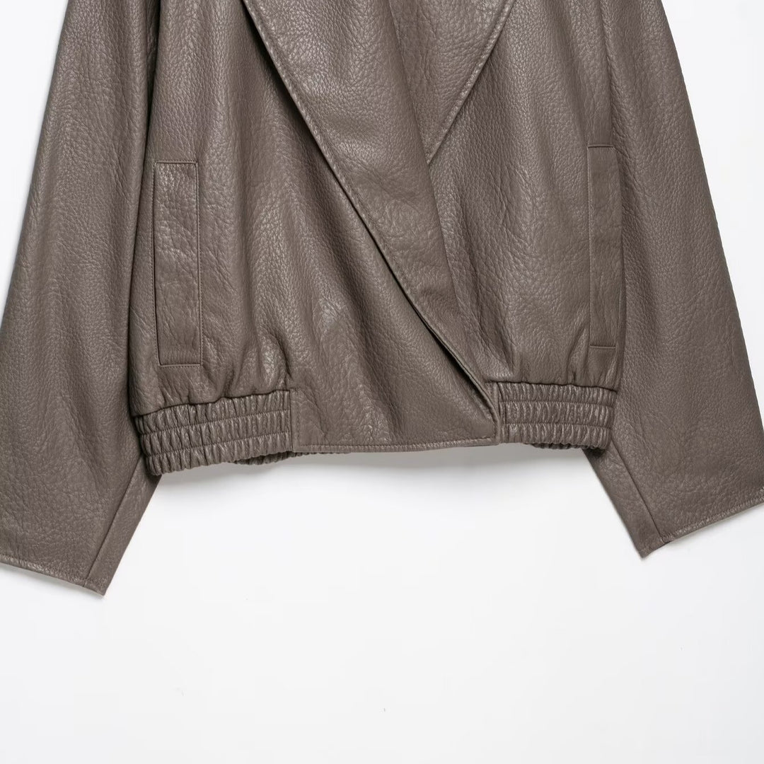 Women's Short Tailored Leather-Look Jacket with Oversized Shawl Collar and Gathered Hem Mune Fashion