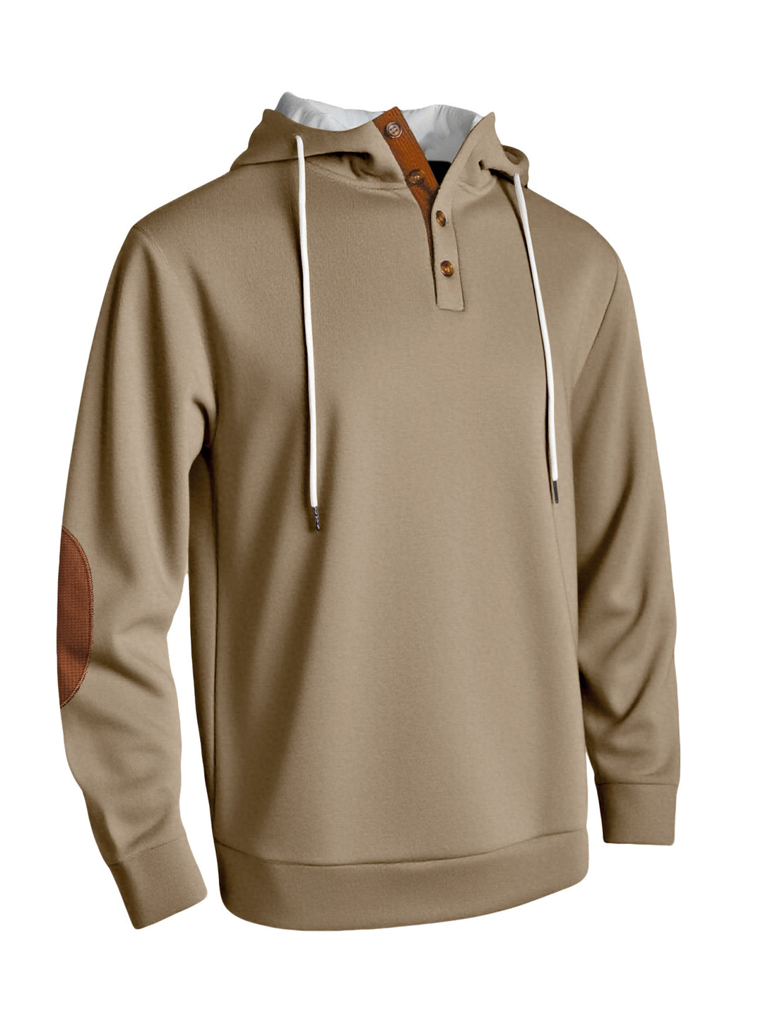 Men's hooded sweatshirt in a puristic leisure style with Henley button placket, contrasted hood interior, and elbow patches Mune Fashion