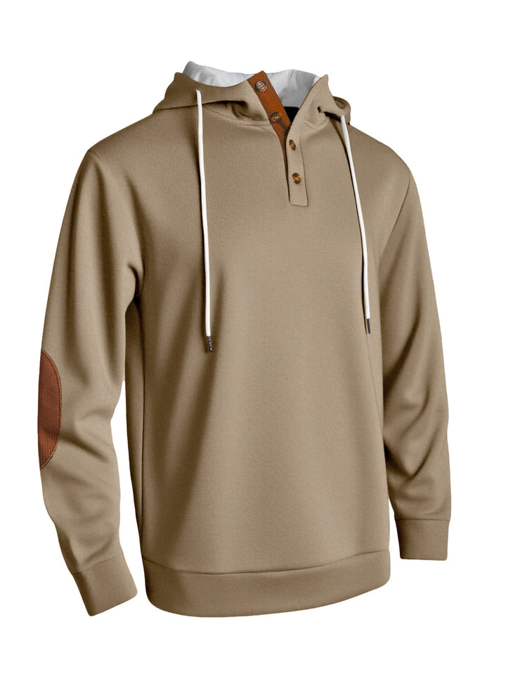 Men's hooded sweatshirt in a puristic leisure style with Henley button placket, contrasted hood interior, and elbow patches Mune Fashion