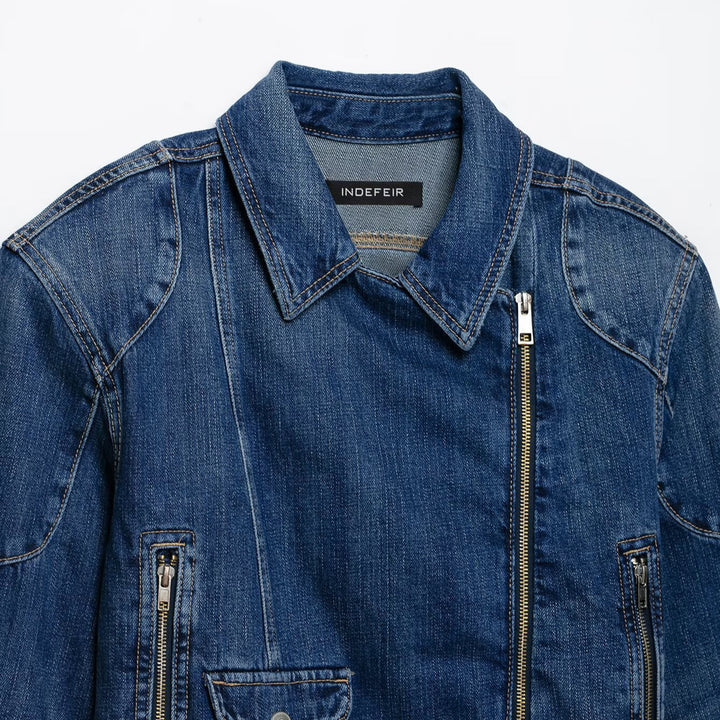 Women's Short Denim Biker Jacket with Belt and Asymmetrical Zipper Mune Fashion
