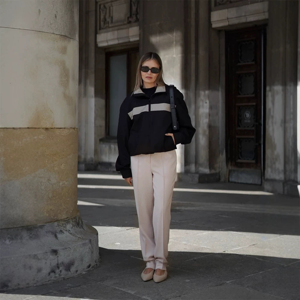 Women's Cropped Bomber Jacket with Contrast Stripes, Stand Collar and Boxy Silhouette Mune Fashion