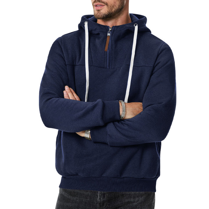 Men's Fleece Half-Zip Hoodie with Hood, Drawstring, and Elastic Cuffs Mune Fashion