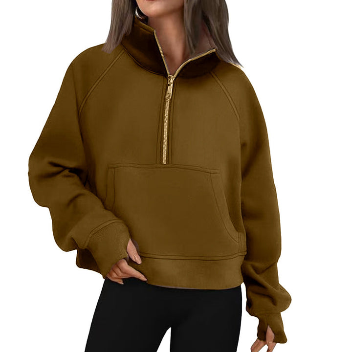 Women's short half-zip sweater with high stand collar, kangaroo pocket, and extended thumbholes Mune Fashion
